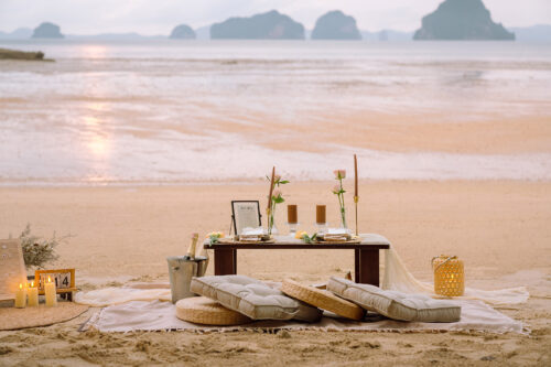 Romantic Beach Picnic Proposal, Krabi Wedding Planner, Krabi surprise proposal decoration