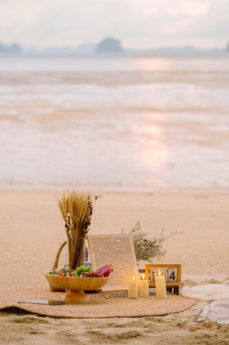 Romantic Beach Picnic Proposal, Krabi Wedding Planner, Krabi surprise proposal decoration