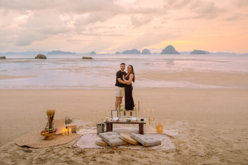 Romantic Beach Picnic Proposal, Krabi Wedding Planner, Krabi surprise proposal decoration